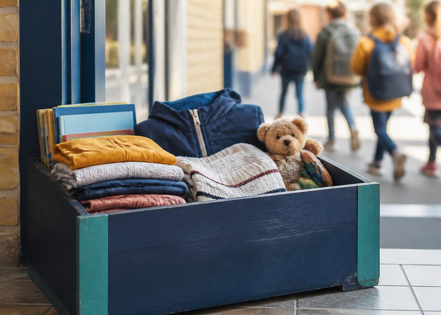 Mørkeblå donationskasse med børnetøj, bøger og bamse ved en skoleindgang